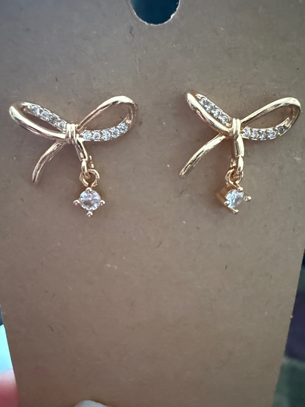 Gold Bow Drop Earrings with Clear Crystal Accent